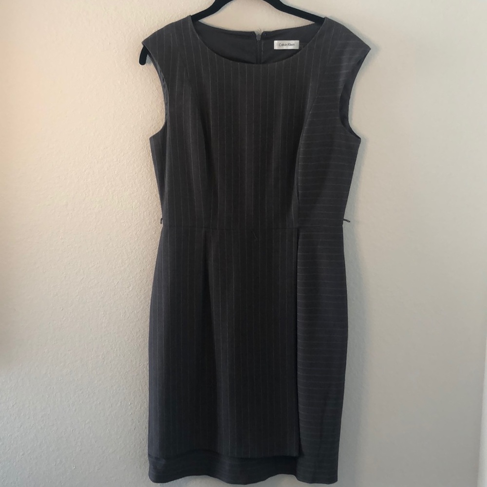 Gray pinstripped sheath dress